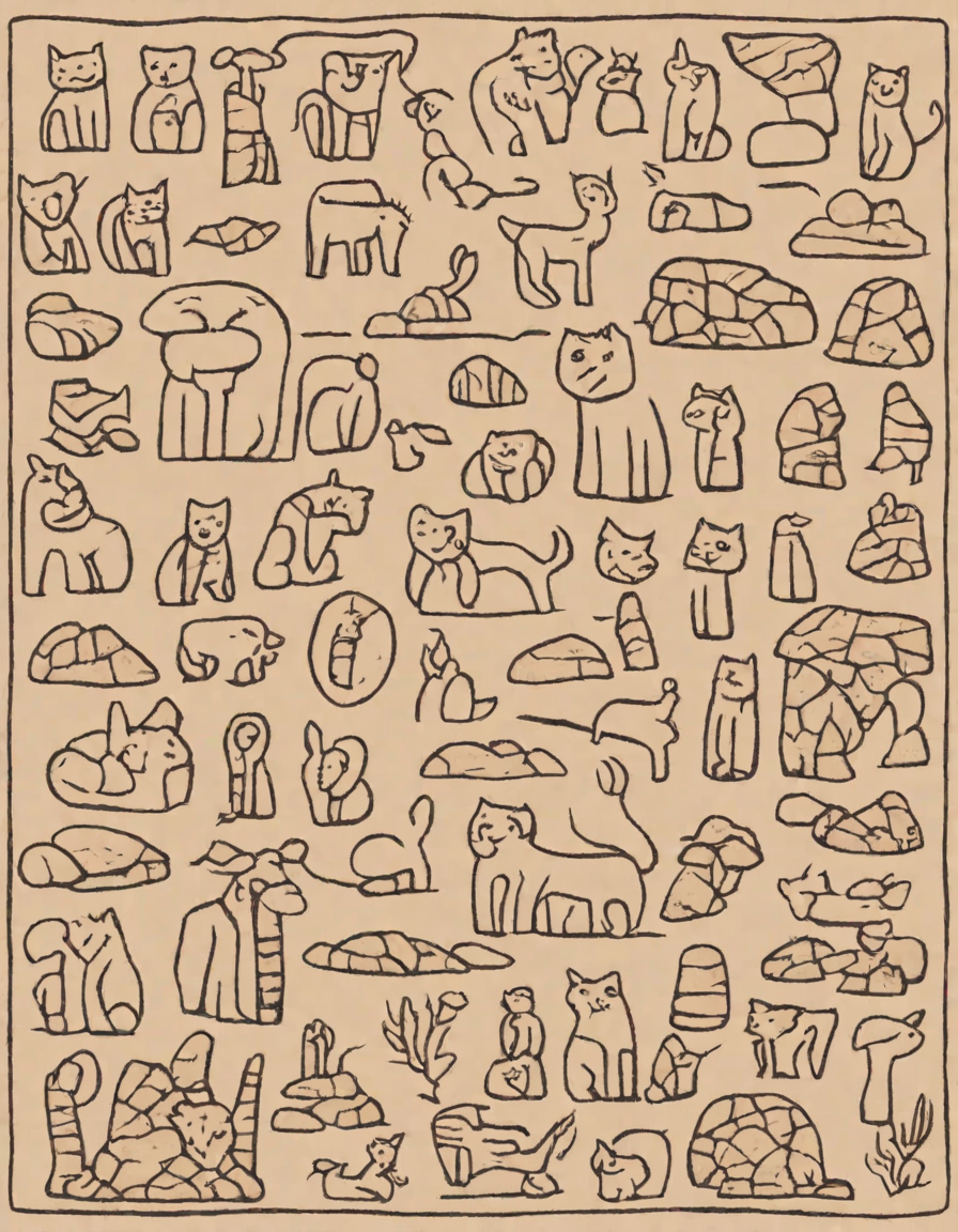 Coloring book image of ancient rock carvings depicting daily life, spiritual beliefs, and hunting practices in the desert in color