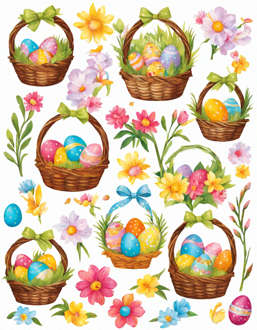 children crafting easter baskets with decorations under a willow tree in a coloring page scene in color