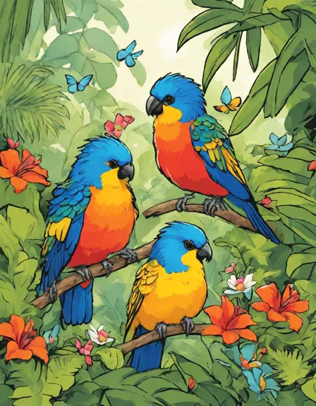 intricate coloring page featuring vibrant birds, furry creatures, and lush foliage, perfect for nature lovers of all ages in color