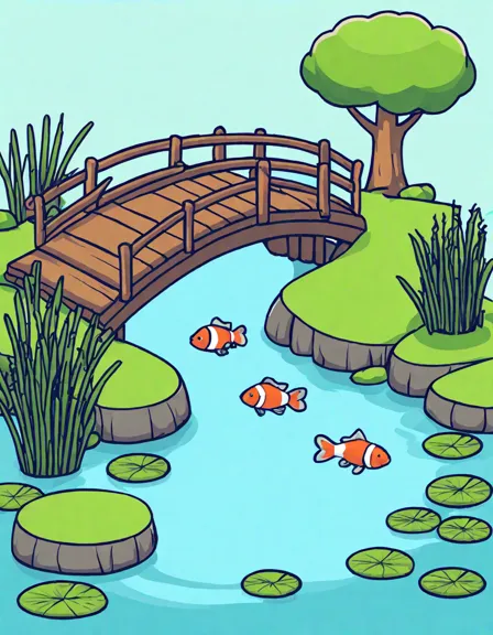 coloring book image of exotic fish in a serene zoo pond with a wooden bridge and lily pads in color