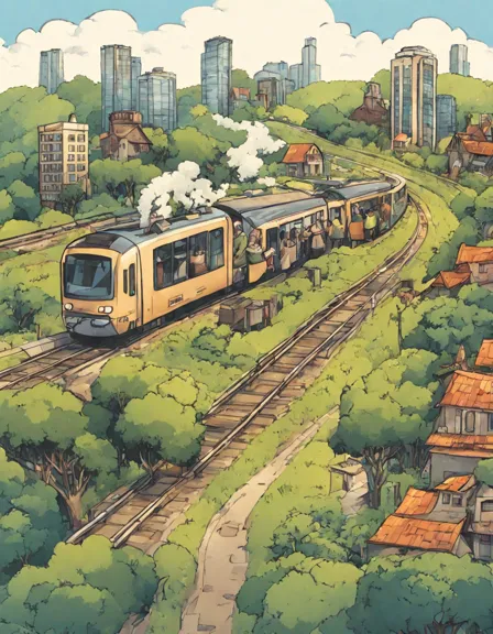 coloring book page of a train journey from a bustling city to tranquil countryside in color