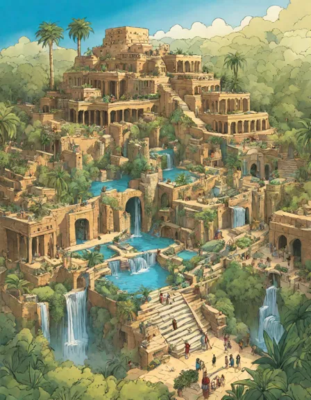 hanging gardens of babylon coloring book page with lush terraces, exotic plants, and cascading waterfalls for a colorful creation in color
