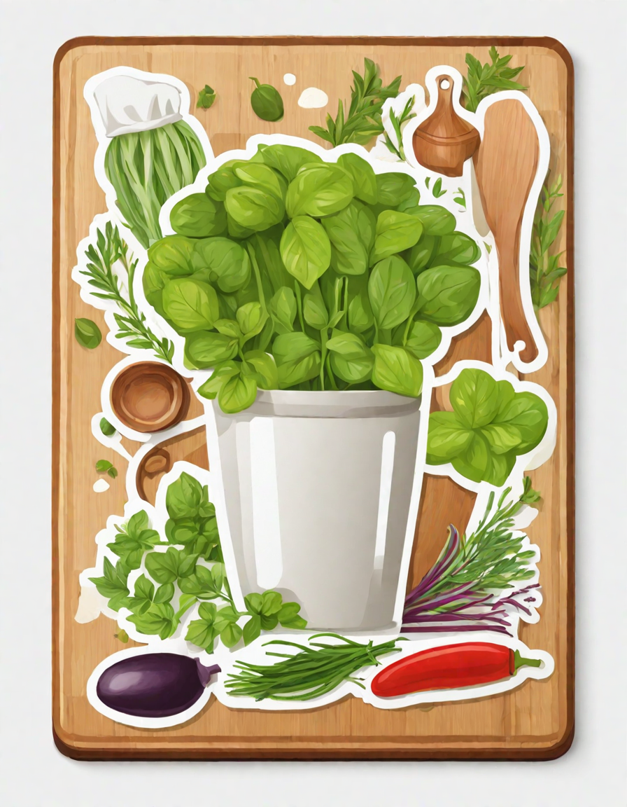gourmet cooking with fresh herbs coloring page featuring a chef's kitchen with herbs and recipe book in color