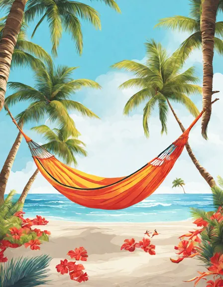 Coloring book image of tropical beach hammock under palm trees, seashells, and colorful birds - perfect serene paradise for relaxation in color
