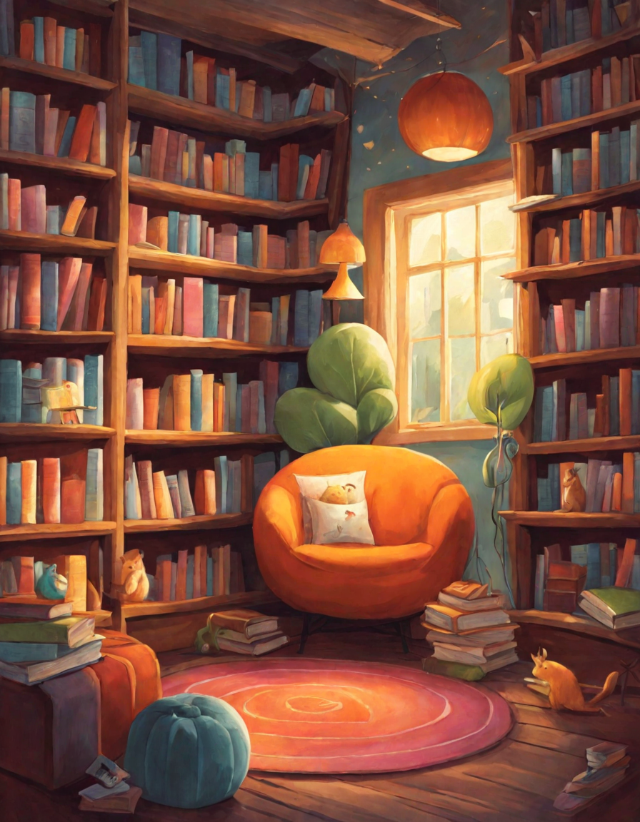 children in a cozy library nook with books and a magical open book inviting coloring in color