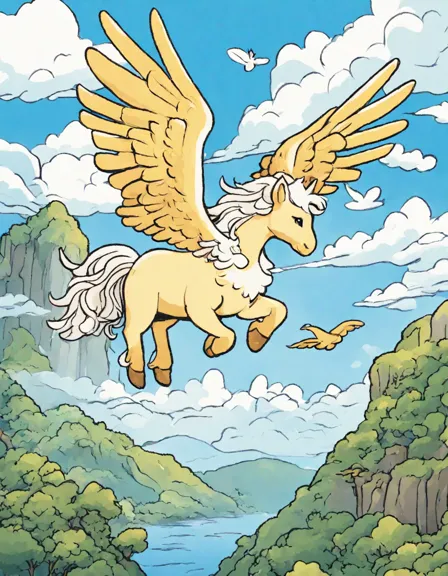 majestic pegasus with outstretched wings soaring above fluffy clouds under a golden sun, inviting coloring book creativity in color
