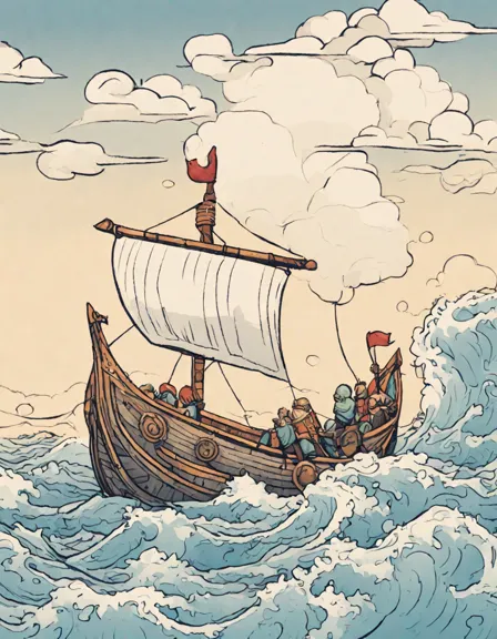 coloring page of viking longships with dragon heads and warriors at sea at dawn in color