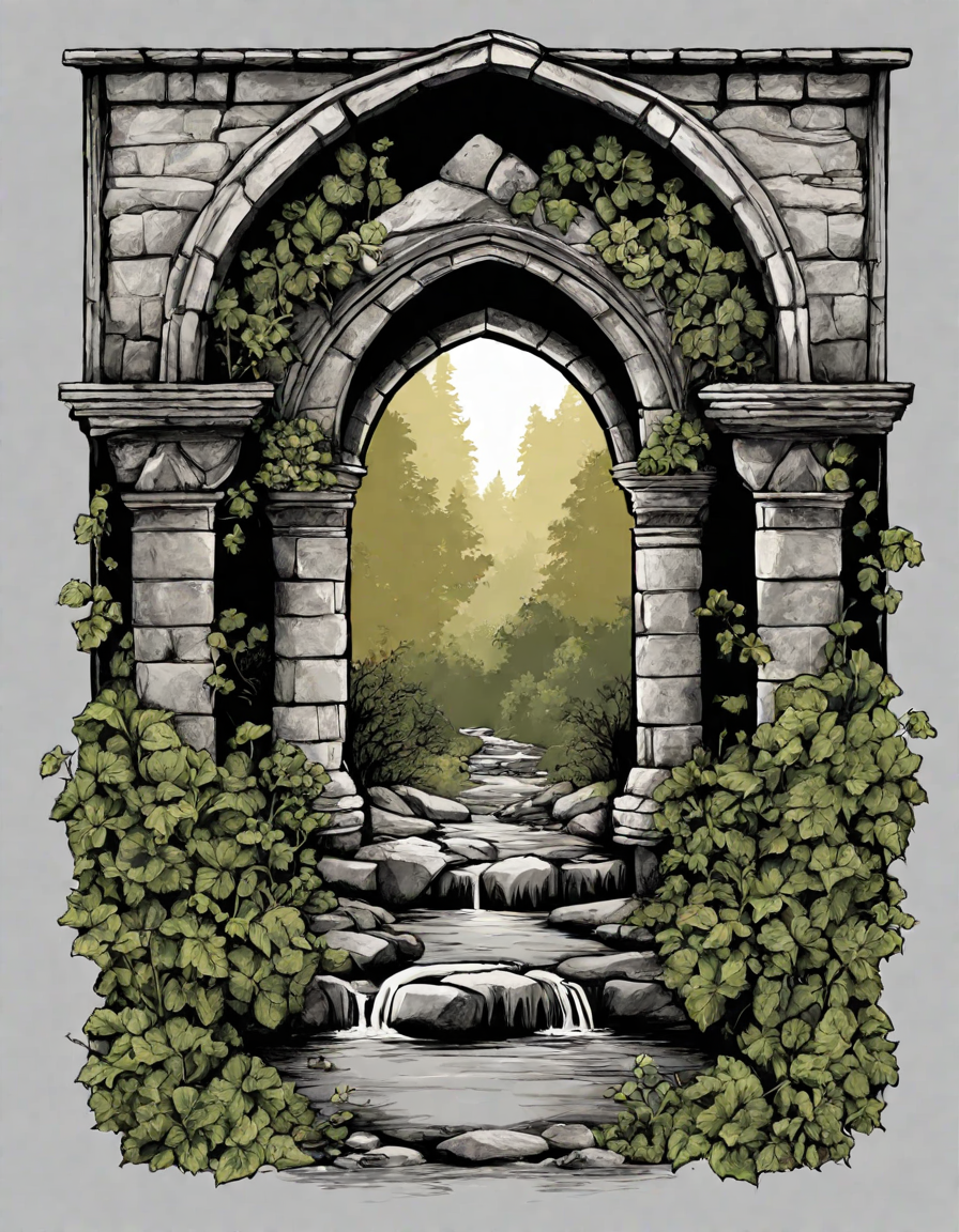 medieval stone bridges adult coloring page with intricate carvings and ivy in an enchanted forest setting in color