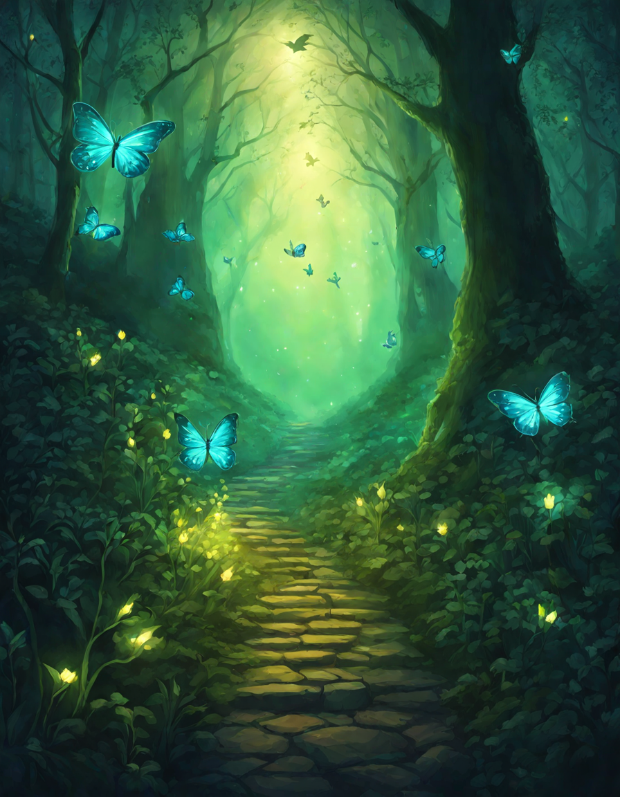Coloring book image of iridescent butterflies leading to elf land through a magical, verdant forest path in color