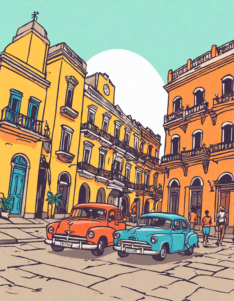 coloring book page featuring havana's colorful streets, classic cars, and el capitolio in color