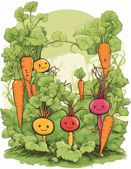 coloring page of carrots and radishes with expressive faces, symbolizing friendship above and below ground in color