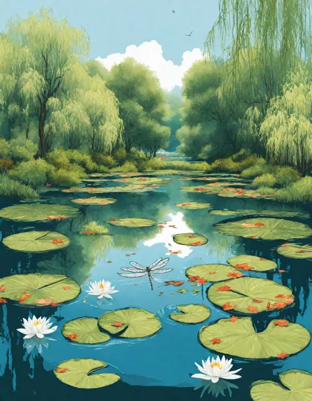 Coloring book image of serene pond with stately willow trees, dragonflies, and crystal-clear water reflecting azure sky in color