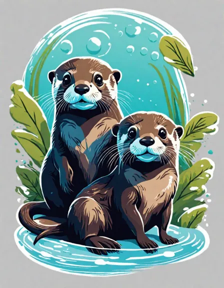 curious otters playing in water, ideal for coloring, featuring stones and greenery backdrop in color