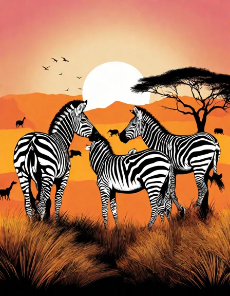 coloring book image of zebras on the savanna at sunset with acacia trees in color
