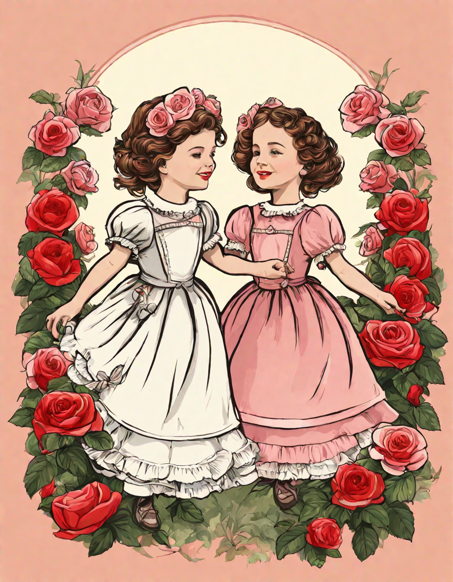 coloring page of children dancing in a rose garden, inspired by ring a ring o' roses in color