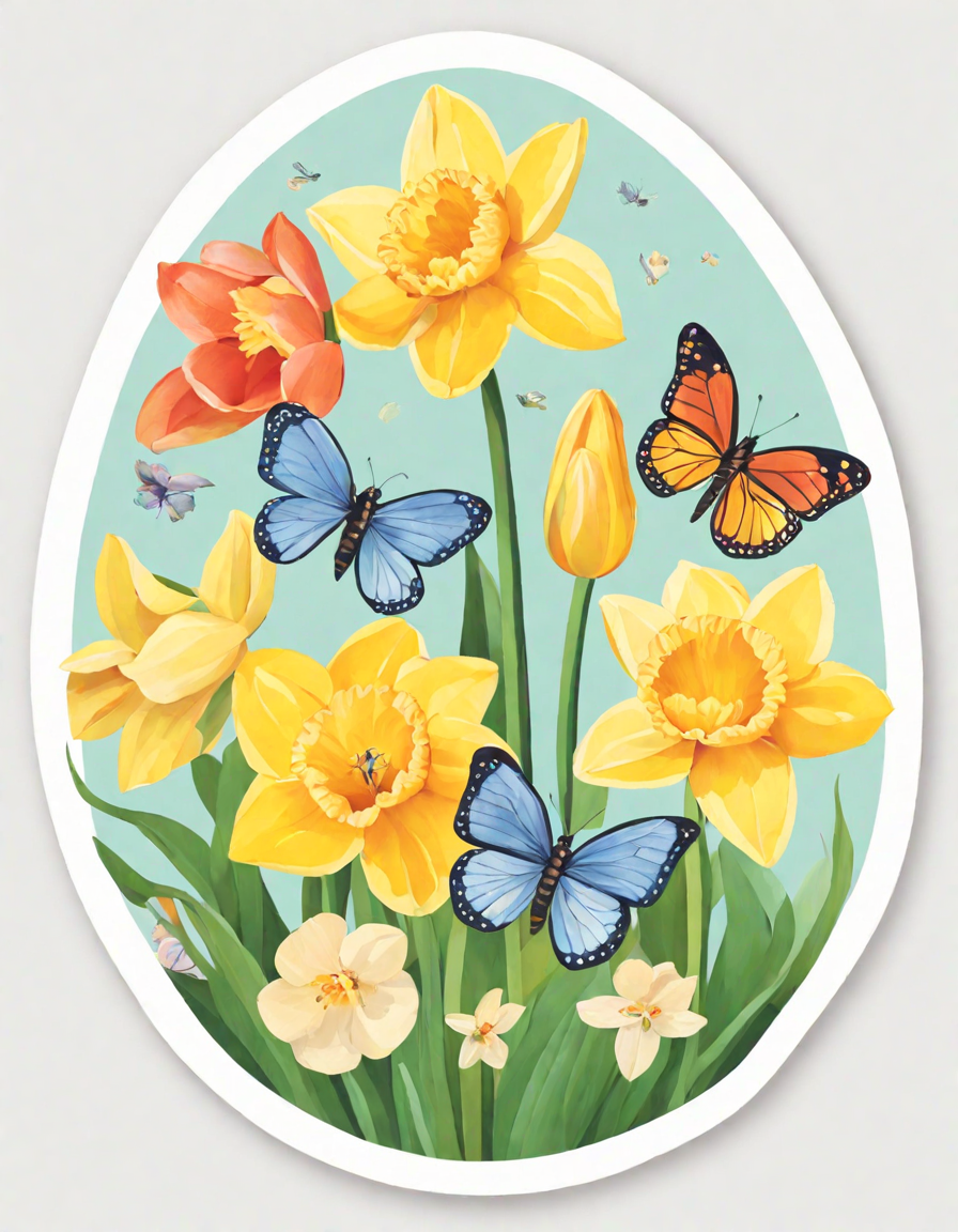 coloring book page featuring an easter egg surrounded by spring flowers, butterflies, and bees in color