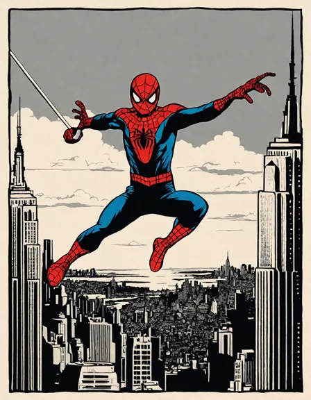 Coloring book image of spiderman swings from the empire state building in new york city above bustling streets in color