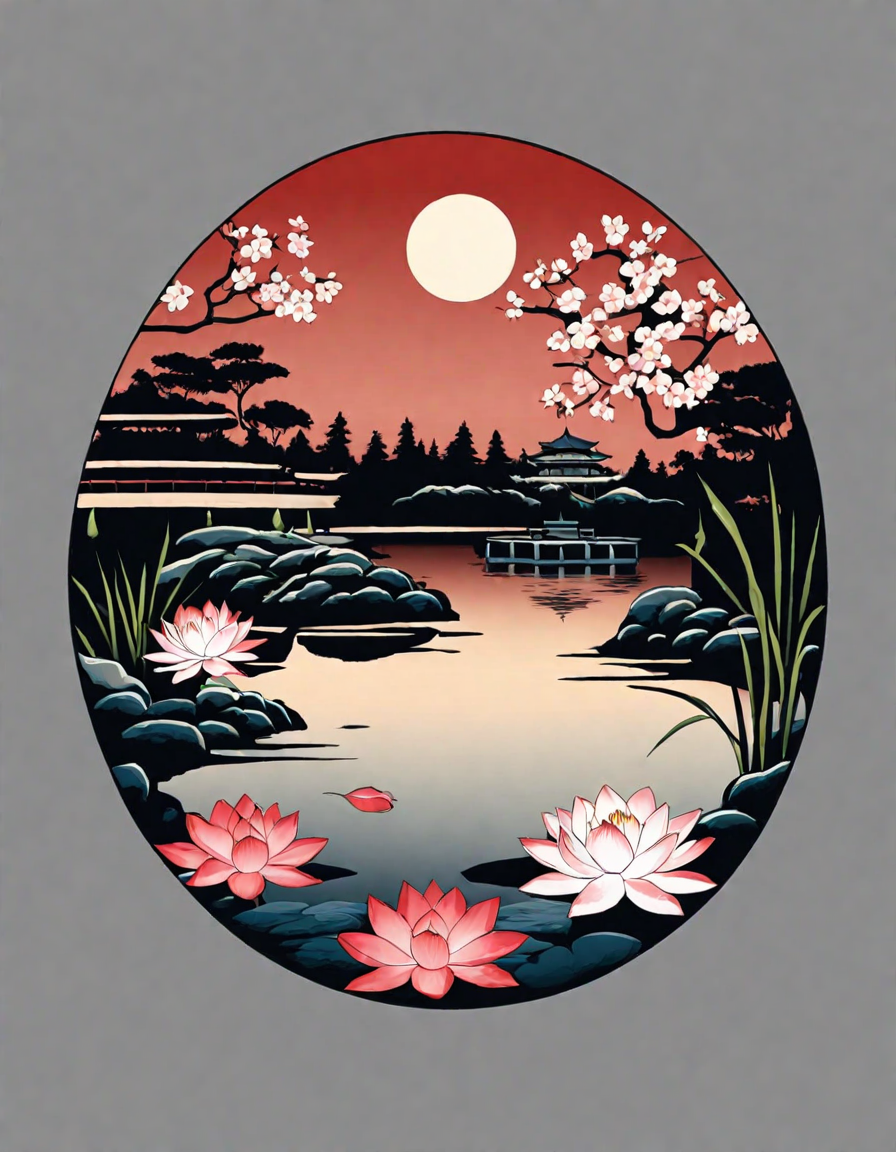 Coloring book image of stone paths lead through a tranquil japanese garden under a full moon, with bamboo groves, lilies, and cherry blossoms in color