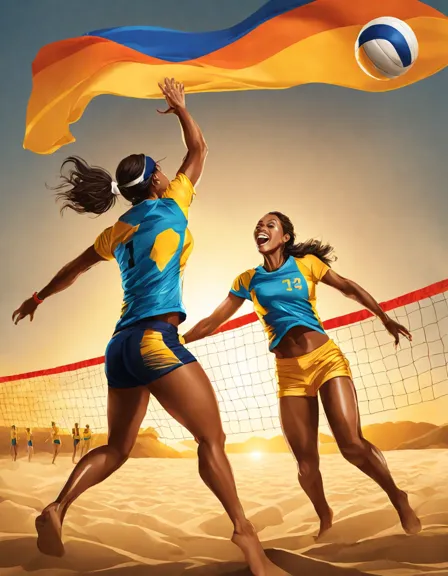 coloring book image of a triumphant beach volleyball spike with players, sun glow, and cheering crowd in color