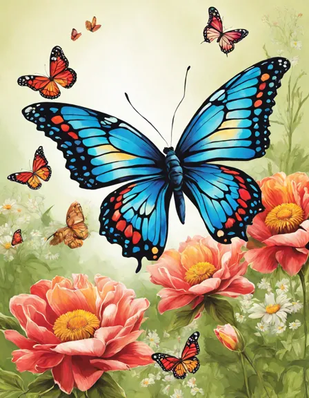 coloring page featuring butterflies and flowers in a garden, inviting artistic creativity in color