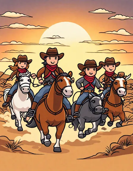 coloring book page of cowboys and cowgirls on horseback chasing cattle across the prairie in color