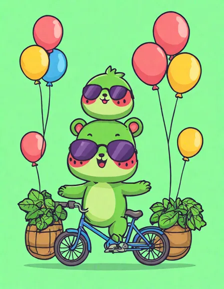 coloring book cover featuring whimsical melons with sunglasses, bicycles, and balloons in color
