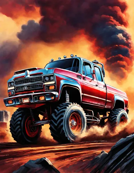coloring book page of giant trucks at the start line with detailed custom paint jobs in color