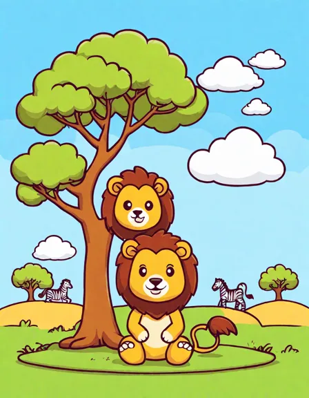 coloring page of a majestic lion under an acacia tree in a savanna setting with zebras and wildebeests in color