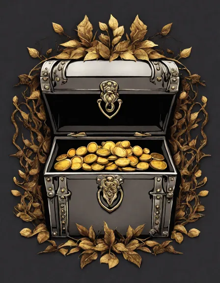 coloring book page of a buried treasure chest filled with gold coins and jewels in color