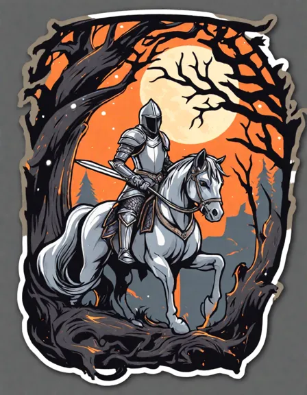 Coloring book image of knight in silver armor leading his horse in a moonlit forest, escaping a dragon in color