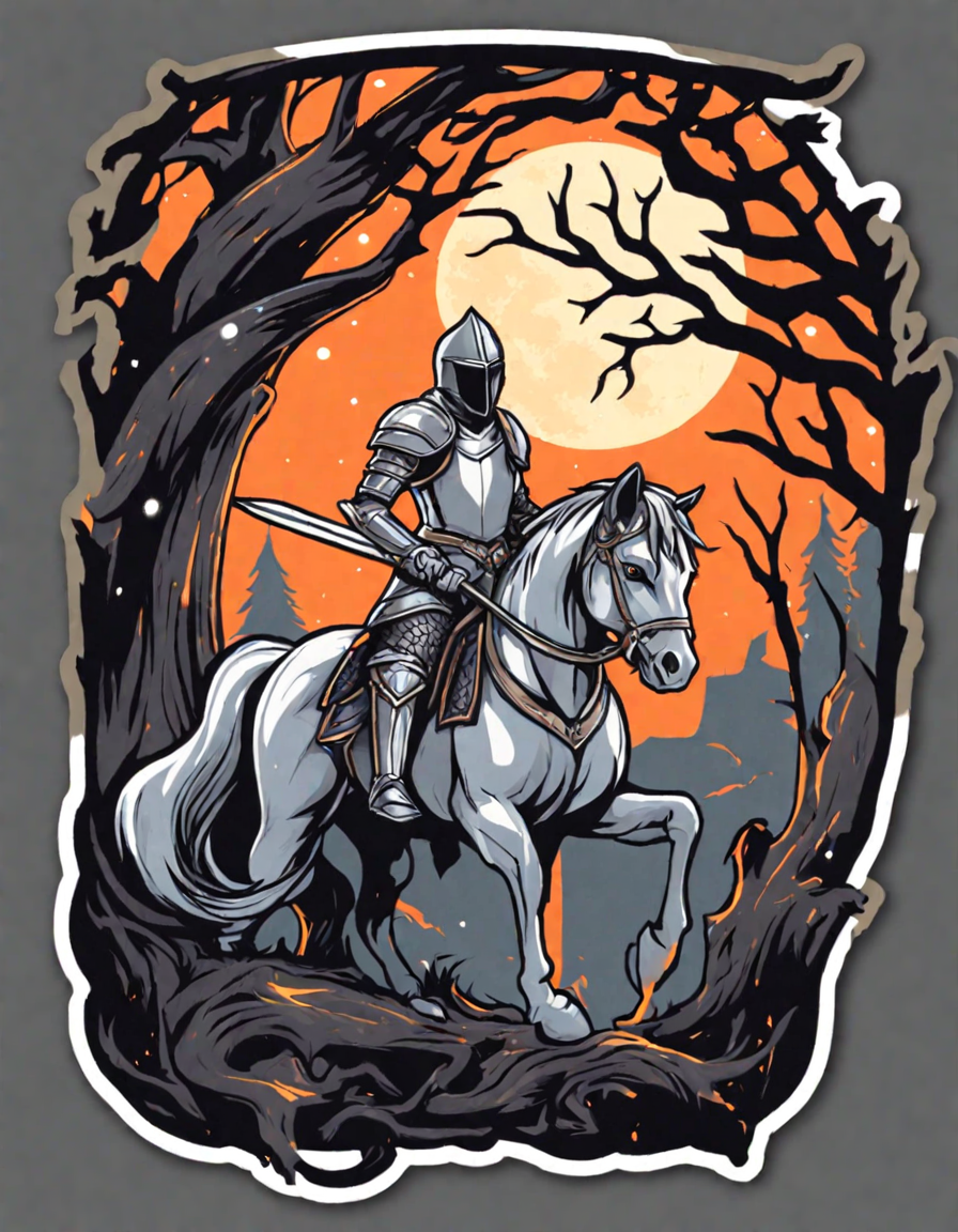 Coloring book image of knight in silver armor leading his horse in a moonlit forest, escaping a dragon in color
