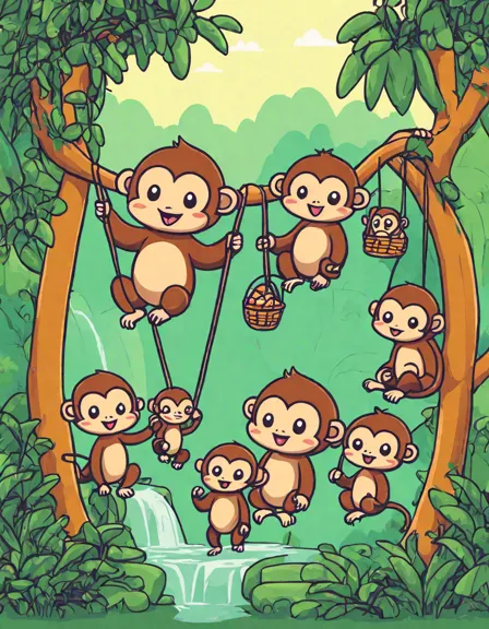 Coloring book image of playful monkeys swing from vines in their zoo enclosure, captivating visitors and reaching for treats in color