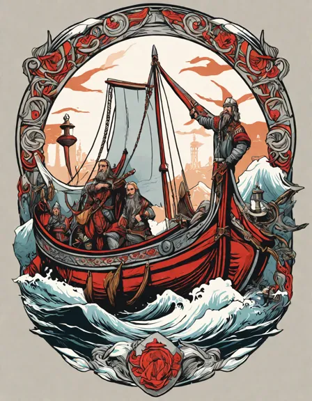 coloring book page of vikings trading with emissaries by the shore, with ornate ships and diverse goods in color