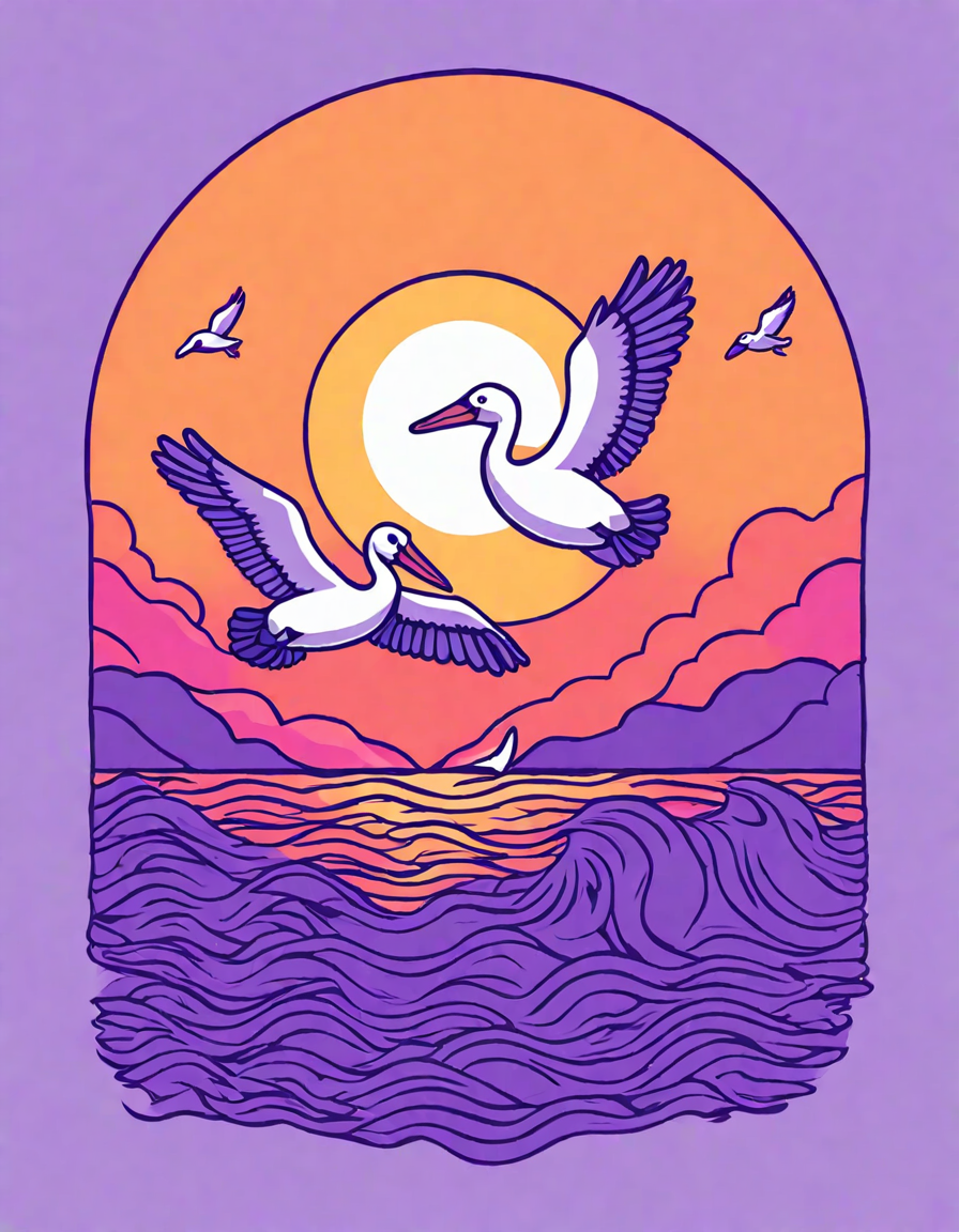feast of the pelicans' coloring page featuring pelicans diving for fish at sunset in color