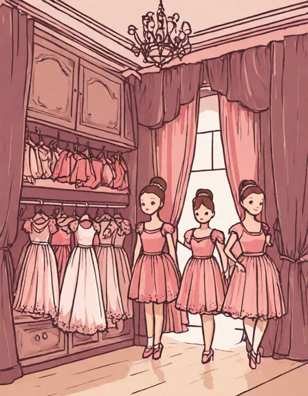 the ballet costume wardrobe coloring page featuring an array of ballet costumes in color