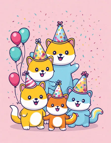 coloring page of a happy birthday party with whimsical party hats and confetti in color