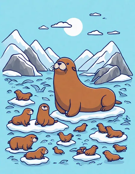 enchanting coloring page of a majestic walrus herd swimming peacefully through icy arctic waters in color