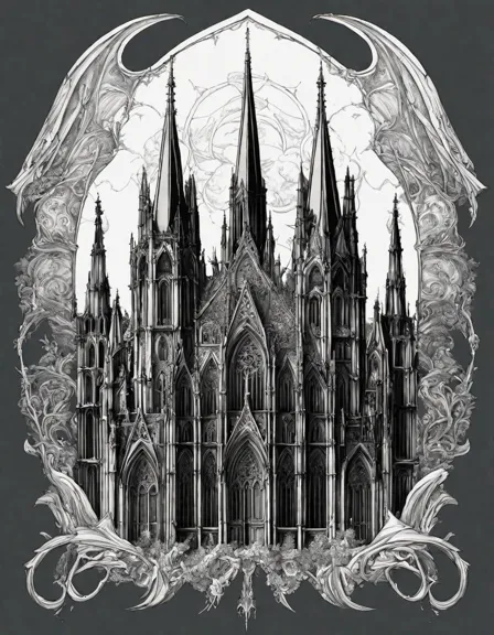intricate gothic spires in a coloring book, adorned with gargoyles and intricate stonework in color