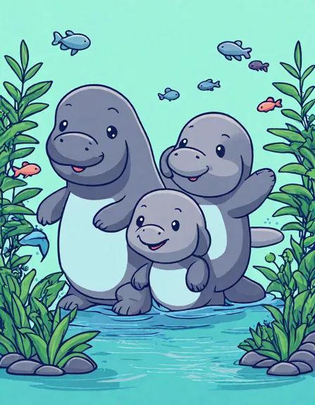 coloring page of manatees gliding through a rainforest river, surrounded by aquatic plants in color