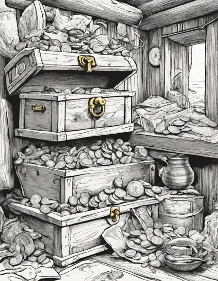 pirate captain's secret chest coloring page with gold, jewels, and ancient artifacts in color