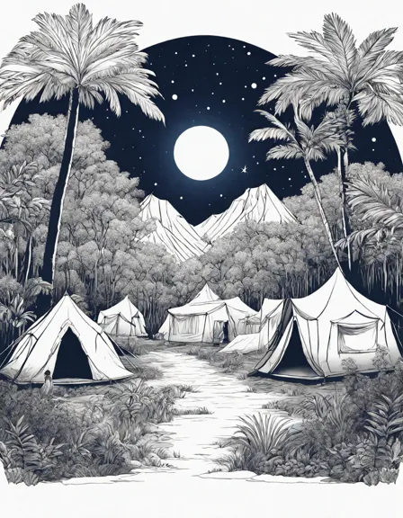 coloring book image of a serene jungle safari camp under a starry night sky in color