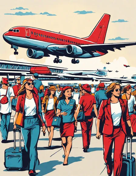 coloring page of a bustling airport scene with diverse airplanes and activity.
 in color