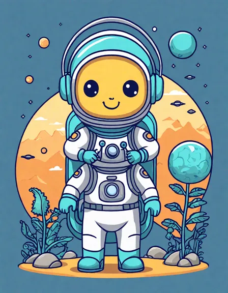 coloring page of astronaut with alien guides on a mysterious planet with unique flora and moons in color