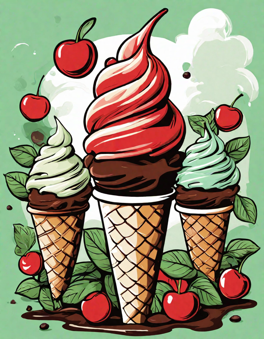 Coloring book image of gigantic mint green ice cream cone with chocolate chips and cherry topping in a bustling ice cream shop in color