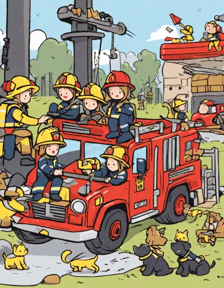 coloring book page of firefighters at a station, checking equipment, sliding down pole, and planning drills in color