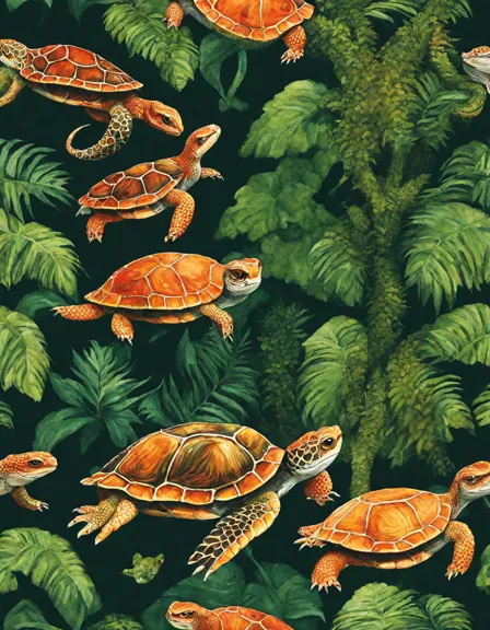 Coloring book image of reptile hide-and-seek game in a pet shop enclosure filled with scaly lizards, shy turtles, and sleek snakes concealed within rocks, logs, and foliage in color