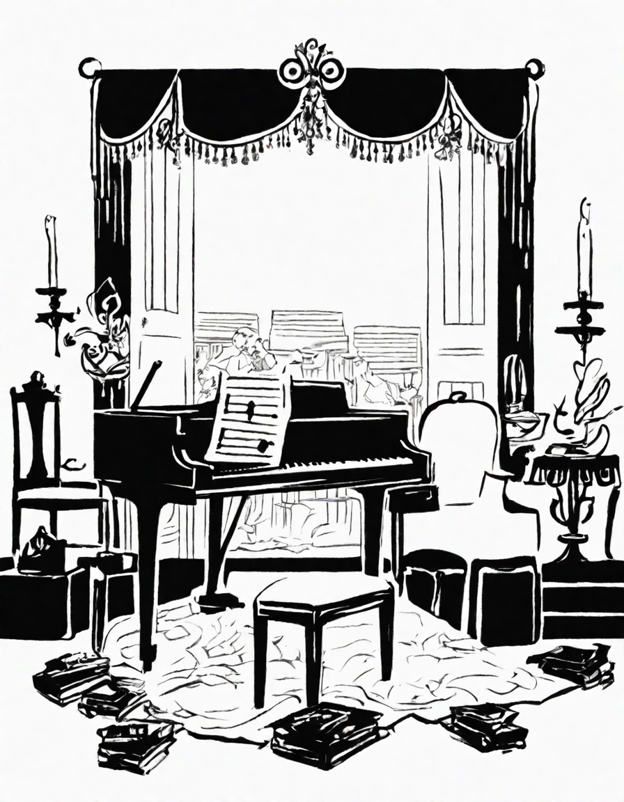 coloring page of a grand piano onstage with ornate details, in an empty concert hall in color