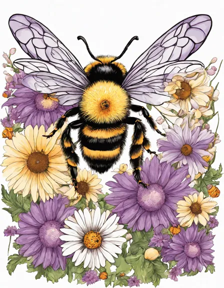 coloring book page featuring bees pollinating a variety of flowers, ideal for coloring enthusiasts in color