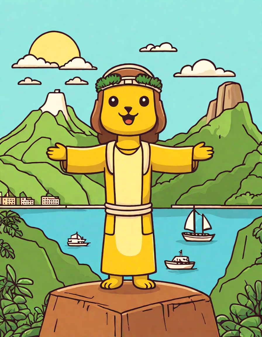 coloring page featuring christ the redeemer statue in rio de janeiro with scenic background in color