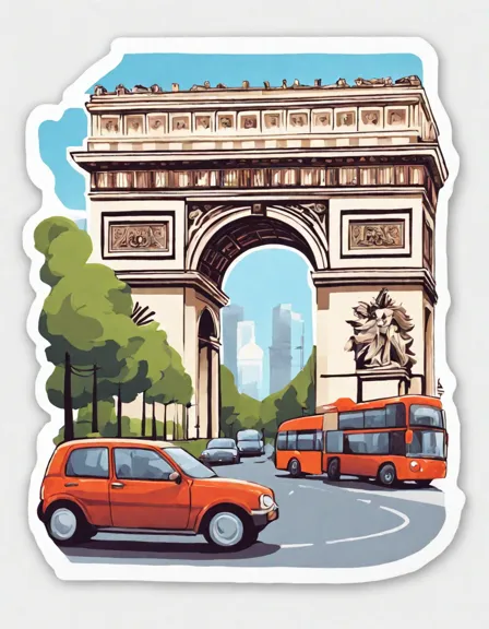coloring page of arc de triomphe with busy streets and tourists in paris in color